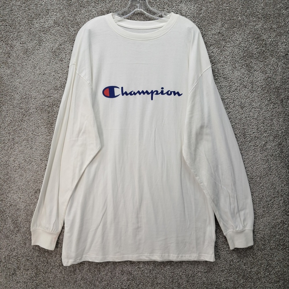 Champion Mens White Long Sleeve Graphic T-Shirt Script Logo XLT 7766